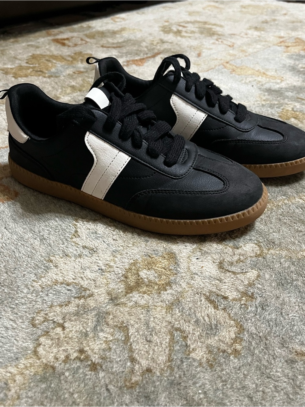 Boys Black Sneakers with White Stripe and Gum Sole, worn once